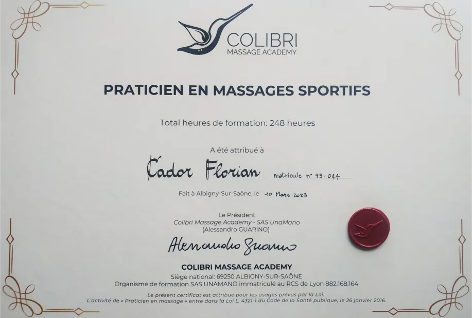 Diplôme de Praticien Massages Sportifs de Florian Cador